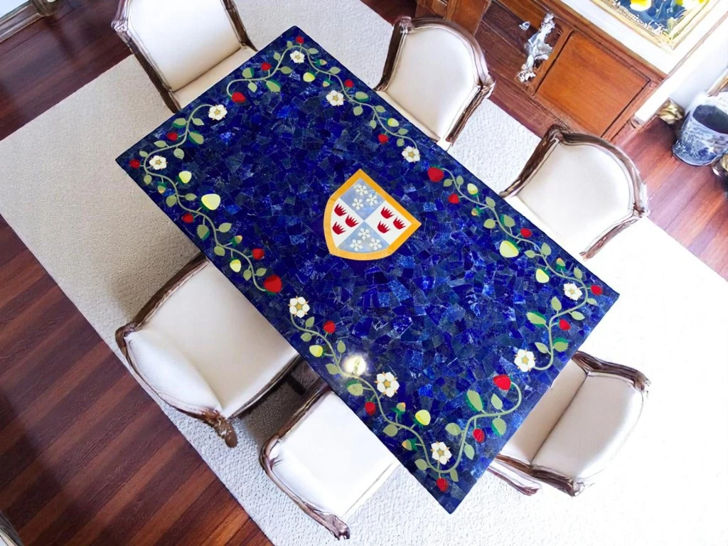 Marble Top Rectangular Dining Table - Lapis Lazuli Inlay Stone 